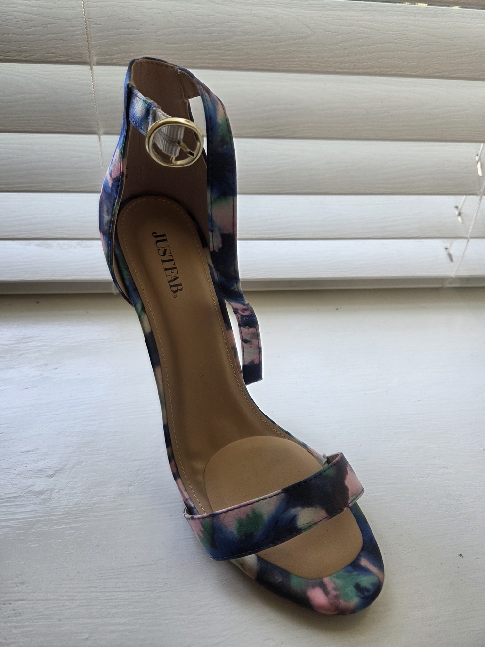 JustFab Tie-Dye Ankle Strap High Heel Sandal in Navy, Pink, Green
